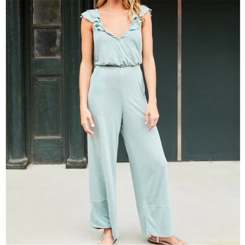 Free People Jumpsuit Womens Small Green Blue Linen FP Beach Calluna Coastal Boho